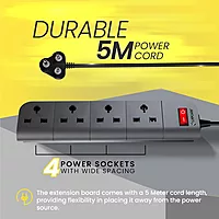 Lapcare Surgee 4 extension board with 4 universal sockets, 5 m cord, 1500 W power capacity, short‑circuit protection and fire‑proof design.