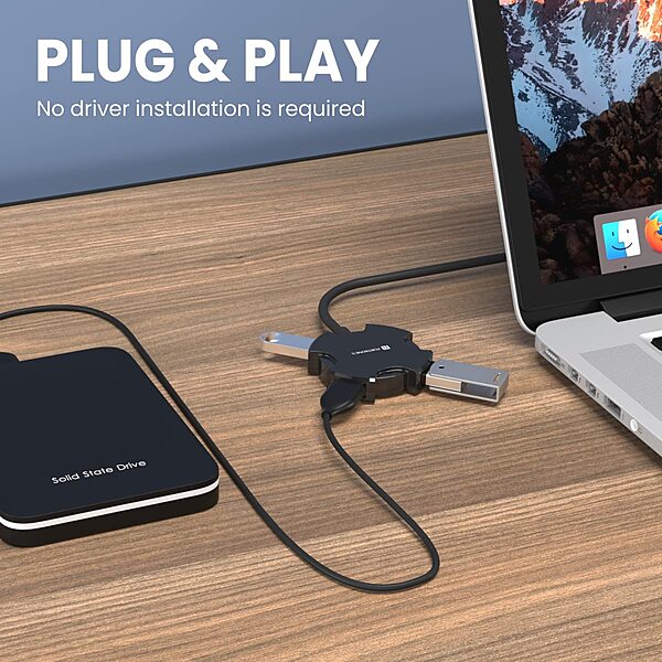 Portronics Mport 4C 4-in-1 USB Hub – Black: Compact and versatile, this hub features 4 USB ports for seamless connectivity. Ideal for laptops and desktops, it enhances productivity with ease.