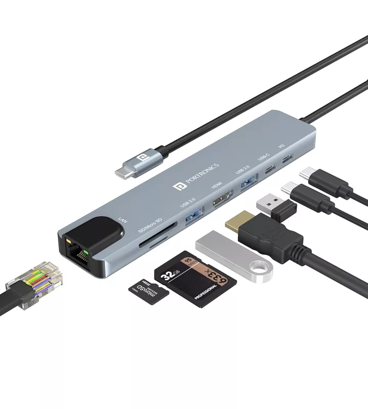 Portronics Mport 8 USB-C Hub/Docking Station (8-in-1) – 4K HDMI, Ethernet, USB Ports, (Grey)
