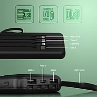 ZEBRONICS MB10000S6 Power Bank, 10000 mAh, 12W, 5 x Outputs - Dual USB A | Type C | Micro USB | Lightning, Built in I/O Cables, Mobile Holder, Percentage Display, Carry Loop