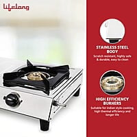 Lifelong 2 Burner Gas Stove Top for Kitchen - Manual Ignition Cooktop with Stainless Steel for Kitchen, ISI Certified