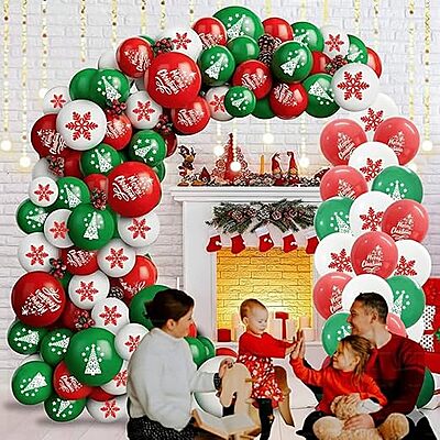 Printed Merry Christmas Latex Balloons Pack of 30 with Snowflakes & Christmas Tree designs, perfect for festive home and office decor, creating a joyful holiday atmosphere.