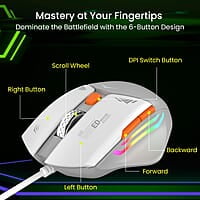 Portronics Vader Wired Gaming Mouse with 6 Buttons, Thumb Support, Adjustable DPI (6400 Max), RGB Light Effects, Ergonomic Design, 1.5 m Long USB Cable for Laptop & PC