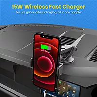 Portronics Clamp 3 Wireless Car Charger – 15W Fast Qi, designed for effortless charging on the go. Securely holds your phone while delivering rapid power, ensuring a seamless driving experience.