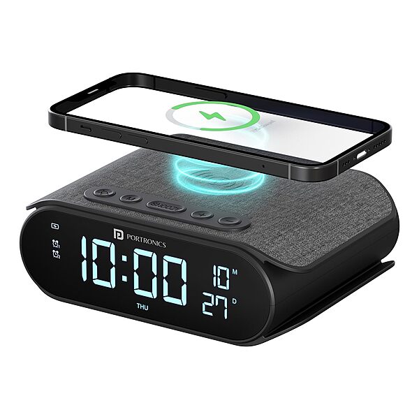 Portronics VoltClock – A sleek wireless charger featuring an alarm clock and temperature display. Perfect for bedside use, it combines functionality with modern design for your convenience.