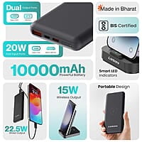 Ambrane 4 in 1 Wireless Charging 10000mAh Power Bank 22.5W Fast Charging, USB & Type C Output, Power Delivery, Quick Charge for iPhone, Android & Other Devices Aerosync Quad