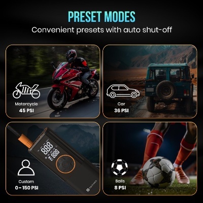 Portronics VAYU 4.0 Tyre Inflator - 4000mAh, Auto Shut-off, Digital Display, Built-in Flashlight, Cordless & Corded - For Cars, Bikes, & Cycles Portronics VAYU 4.0 Tyre Inflator - 4000mAh, Auto Shut-off, Digital Display, Built-in Flashlight, Cordless & Corded - For Cars, Bikes, & Cycles