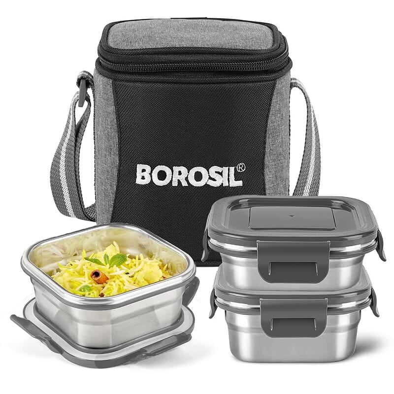 Borosil Feast Stainless Steel Lunch Box with Bag | Set of 3 (400 ml x 2 + 250 ml x 1), Square