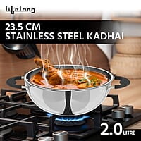 Lifelong 3 pc Cookware 2 Litre Stainless Steel Kadhai with SS Lid 23 CM 1.2 Litre Stainless Steel Sauce Pan 16 CM 1.2 litres Stainless Steel Fry Pan 23 CM