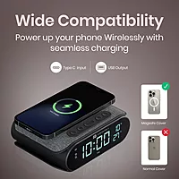 Portronics VoltClock – A sleek wireless charger featuring an alarm clock and temperature display. Perfect for bedside use, it combines functionality with modern design for your convenience.