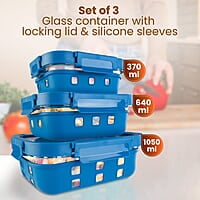AGARO Imperial Borosilicate Glass Containers with Silicone Sleeves & with Lock Lid, 3 pcs Set, 370ml, 640ml, 1050ml