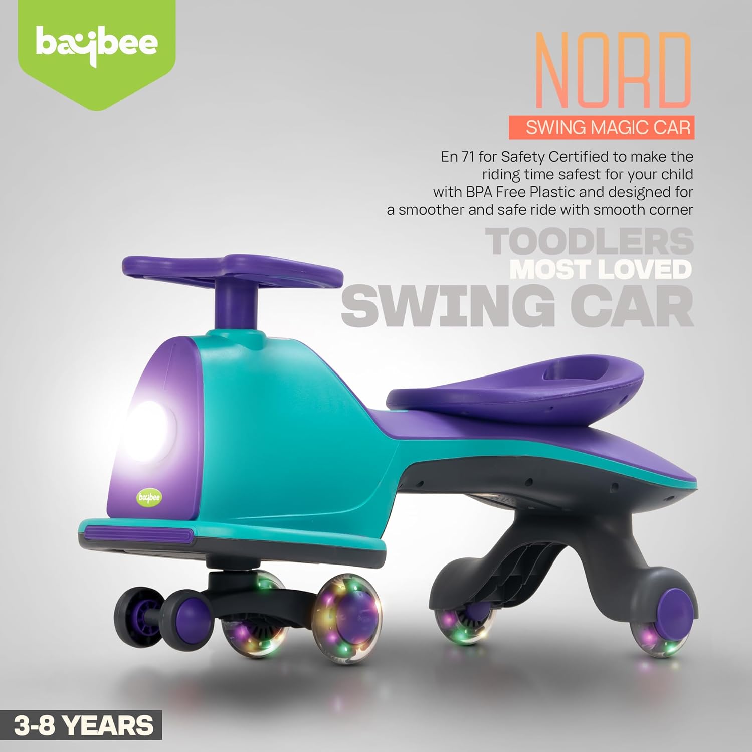 Baybee Nord Kids Magic Swing Car for Kids- Green/Violet Baybee Nord Kids Magic Swing Car for Kids- Green/Violet