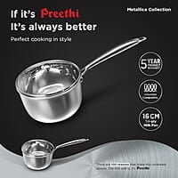 Preethi Metallica Collection Triply Stainless Steel Milk Pan with Glass Lid, 16 cm, Gas & Induction Compatible