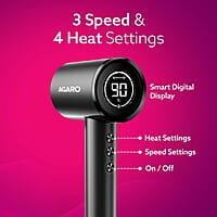 AGARO HD3240 Hair Dryer, Brushless 1600W Motor, 3 Speed & 4 temperature settings