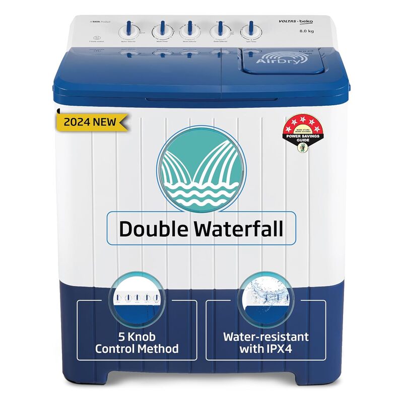 Voltas Beko, A Tata Product 8 Kg 5 Star Semi-automatic Top Load Washing Machine with Double Waterfall Technology