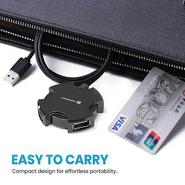 Portronics Mport 4C 4-in-1 USB Hub – Black: Compact and versatile, this hub features 4 USB ports for seamless connectivity. Ideal for laptops and desktops, it enhances productivity with ease.