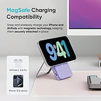 Ambrane 10000mAh Magsafe Fast Wireless Charging Power Bank, Strong Metal Mobile Stand, 22.5W Wired + 15W Wireless for iPhone 12 & Above