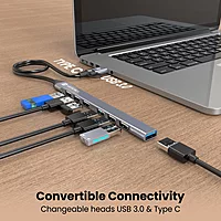 Portronics Mport 7 Hub is a versatile 7-in-2 USB & Type-C adapter, offering multiple ports for seamless connectivity. Perfect for laptops and devices needing extra USB and HDMI connections.