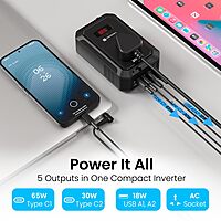 Portronics Car Power III Pro 200W Inverter – 65W & 30W Type-C PD, AC Socket | Black