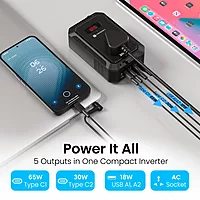 Portronics Car Power III Pro 200W Inverter – 65W & 30W Type-C PD, AC Socket | Black