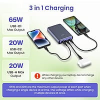 Ambrane 85W Fast Charging Powerbank for MacBook, Type C Laptop & Mobile Charging, 20,000mAh Battery, Triple Output