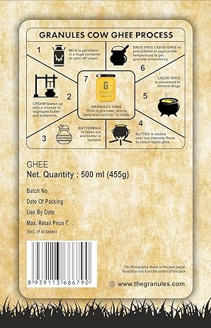 GRANULES Pure Cow Ghee 500ml | Natural Desi Ghee | Premium Cow Ghee | Organic Pure Ghee | Traditional Method | Authentic Ghee for Cooking | Ghee Cow 500ml Glass Jar - Pack of 3