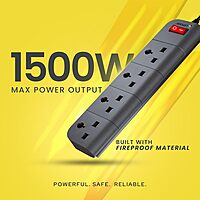 Lapcare Surgee 4 extension board with 4 universal sockets, 5 m cord, 1500 W power capacity, short‑circuit protection and fire‑proof design.