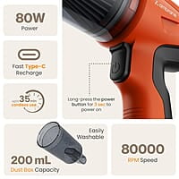 Ambrane 12kPA Powerful Suction 80W Wireless Hand Vacuum & Air Blower 2-in-1 Wireless Vacuum Cleaner