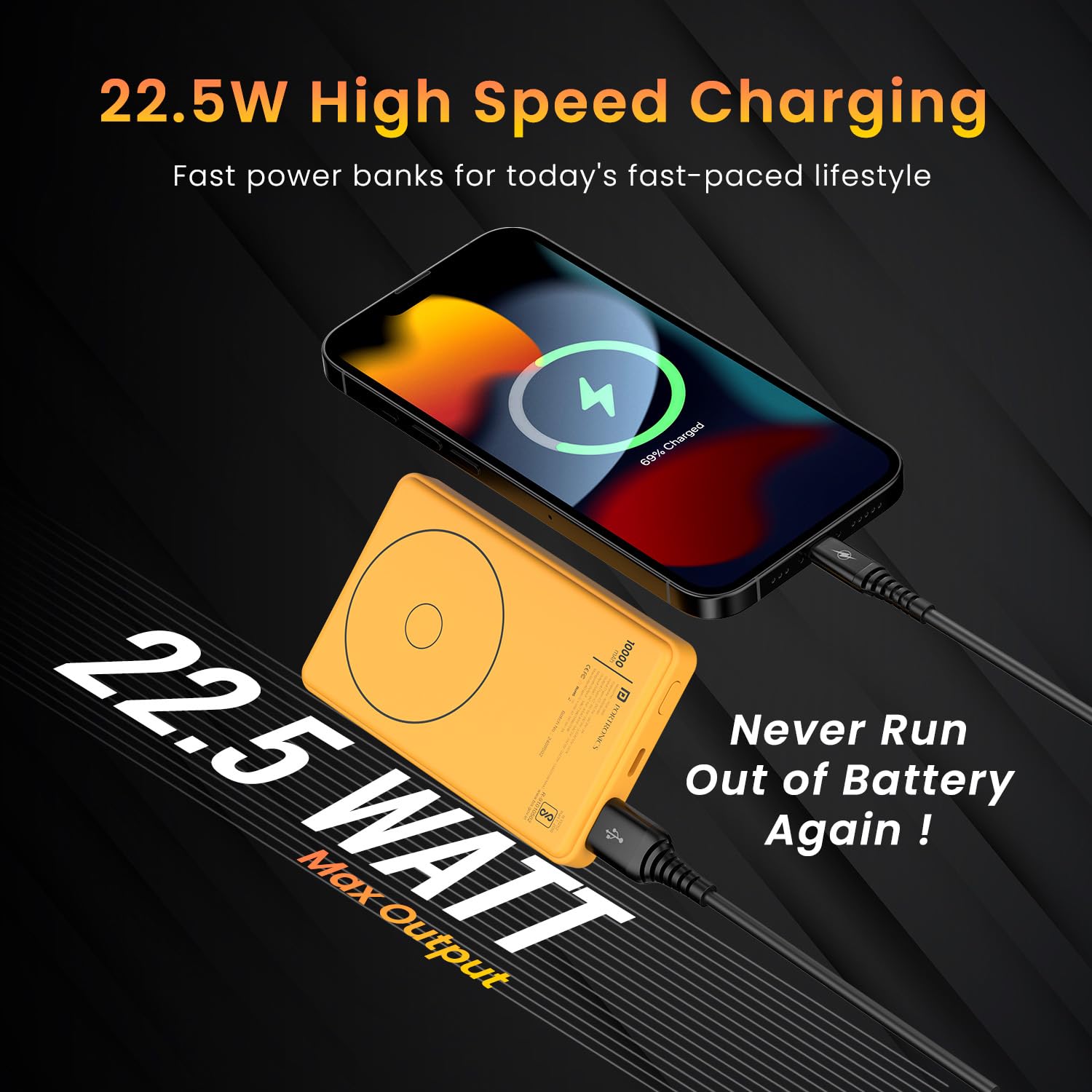 Portronics Mini 10K – 15W Magnetic Wireless Power Bank (Yellow) offers fast charging with a sleek design. Compact and portable, it ensures your devices stay powered on the go. Perfect for travel!