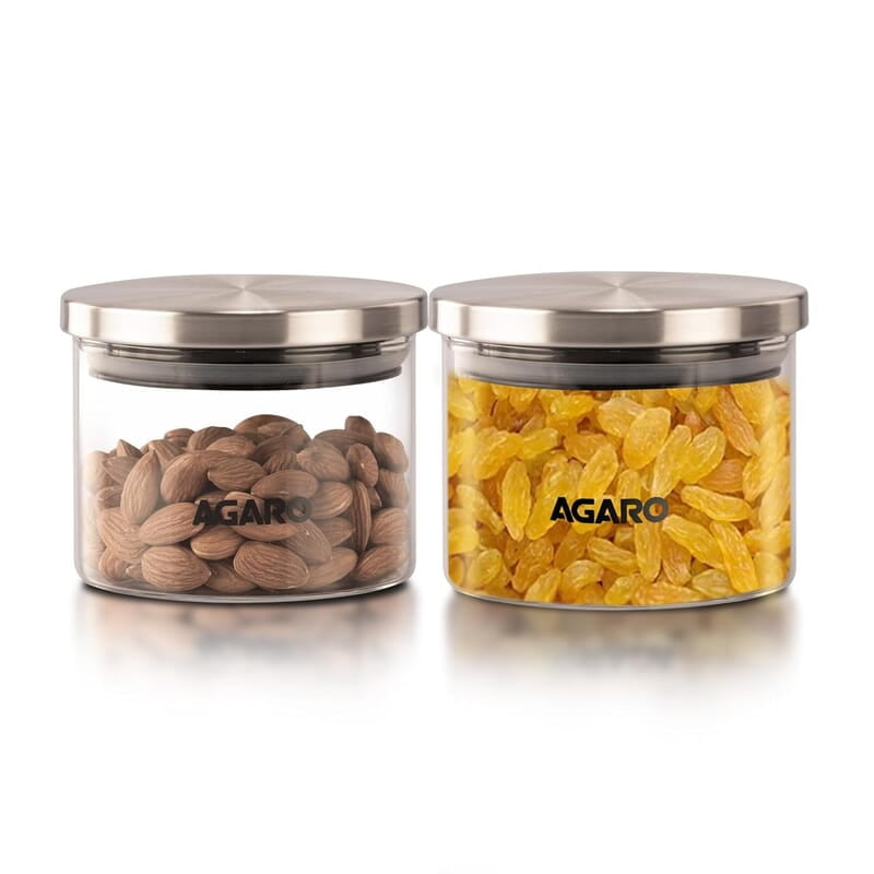 AGARO Elite Borosilicate Glass Jar 350 ml, Round Shaped, Steel Lid  Pack of 2.