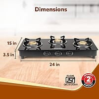 AGARO Elite 3 Burners Gas Stove, Toughened GlassTop, Round Brass Burners, 1 Small, 1 Medium & 1 Big Size Burner