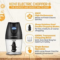 KENT Electric Chopper-B for Kitchen 250 Watt | Chop, Mince, Puree, Whisk, 400 ml Capacity | Stainless Steel Double Chopping Blades | Transparent Chopping Bowl | Anti-Skid | One Touch Operation | Black