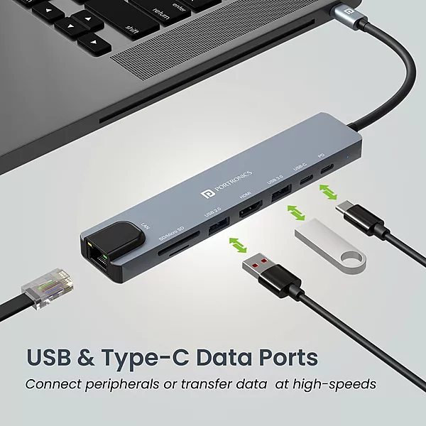 Portronics Mport 8 USB-C Hub – 8-in-1, featuring 4K HDMI output, Power Delivery (PD), multiple USB ports, SD card reader, and Ethernet, perfect for expanding connectivity on the go.
