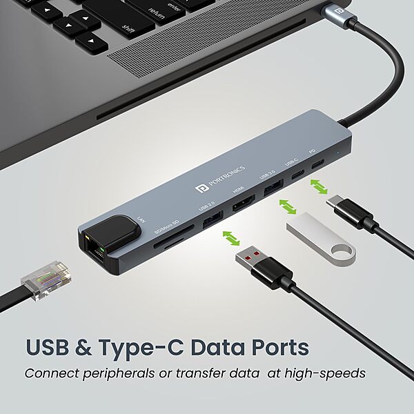 Portronics Mport 8 USB-C Hub – 8-in-1, featuring 4K HDMI output, Power Delivery (PD), multiple USB ports, SD card reader, and Ethernet, perfect for expanding connectivity on the go.