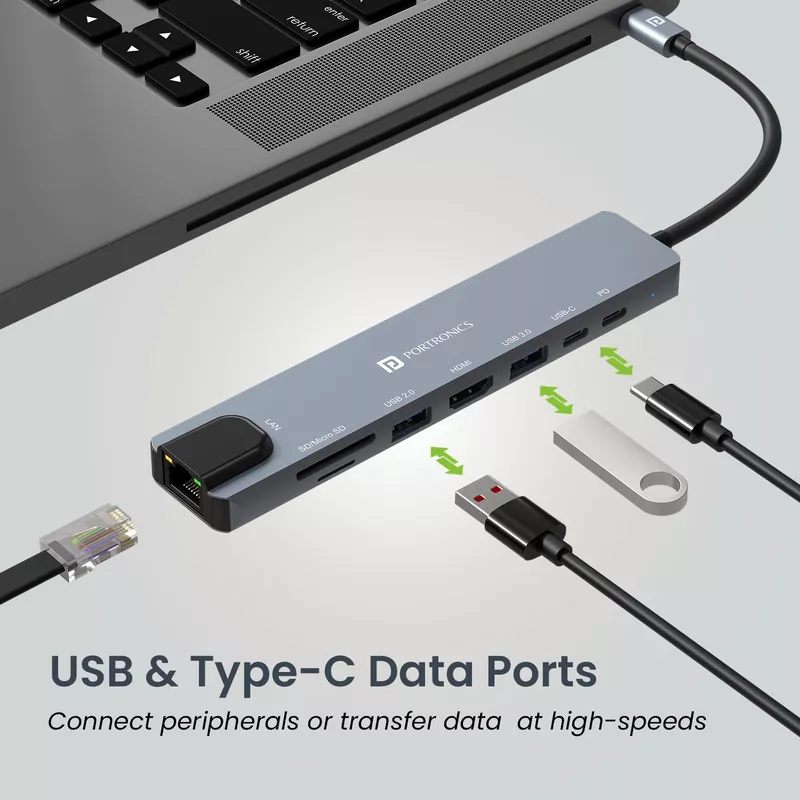 Portronics Mport 8 USB-C Hub – 8-in-1, featuring 4K HDMI output, Power Delivery (PD), multiple USB ports, SD card reader, and Ethernet, perfect for expanding connectivity on the go.