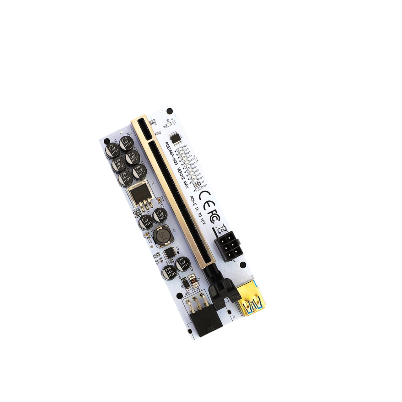 โGeonix PCI-E 1X to 16X Riser Card, 10 Capacitors, 11 LED Indicators, SATA Power Cable (20cm), USB Cable (60cm) - PCE164P-N09 VER012 MAX โGeonix PCI-E 1X to 16X Riser Card, 10 Capacitors, 11 LED Indicators, SATA Power Cable (20cm), USB Cable (60cm) - PCE164P-N09 VER012 MAX