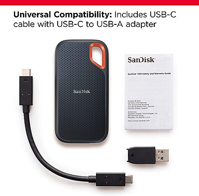 SanDisk Extreme 2TB Portable SSD, 1050MB/s Read, 1000MB/s Write, IP65โ SDSSDE61-2T00-G25 SanDisk Extreme 2TB Portable SSD, 1050MB/s Read, 1000MB/s Write, IP65โ SDSSDE61-2T00-G25
