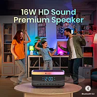Portronics Trifusion 16W Bluetooth Speaker – HD Sound | 15W Wireless Charging | 360° RGB LED Lights | Digital Clock with Alarm | USB/SD Card/AUX | Type-C Charging | Black