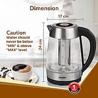 AGARO Supreme Electric Glass Kettle With Tea & Coffee Infuser, 1.7 liter, Borosilicate Glass Body 1850W