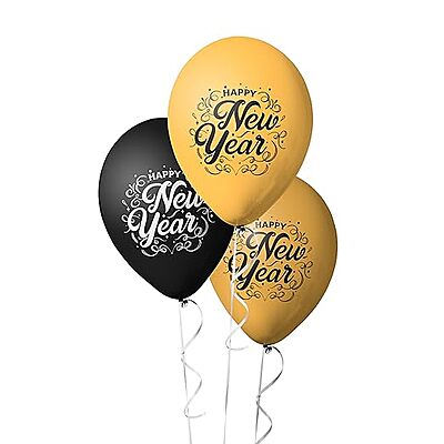 Happy New Year Latex Balloons with Banner, New Year Balloon Decorations Combo Kit Pack of 21pcs Black and Golden Balloons for New Year's Eve Party