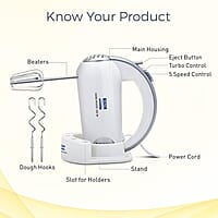 KENT 16051 Hand Blender 300 W | 5 Variable Speed Control | Multiple Beaters & Dough Hooks | Turbo Function, Plastic, 300 Watts