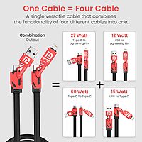 Portronics Procharge 4 Cable – 60W, 4-in-1, Red+Black. Charge multiple devices simultaneously with this versatile cable. Durable design, fast charging, and stylish colors make it a must-have!