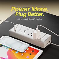 Lapcare LAPEX‑303 Surge‑protected extension board: 3 universal sockets, 3 USB ports (2.1 A), LED switch & mobile phone stand—safe charging.