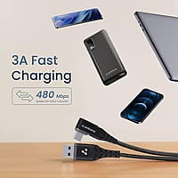 Ambrane Type C Mobile Charging Cable 3A Fast Charging, 1 Meter, L Shaped Braided Cable, 480Mbps