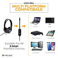 Lapcare LWS-004 Wired Stereo Headset with Mic | On-Ear Headphones with Soft Cushions, 1.8m Cable & Adjustable Mic – Ideal for Online Classes, Office Calls & Gaming
