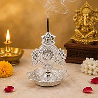 Sterling Silver Shankha Chakra Agarbatti Stand for Home Temple and Daily Pooja