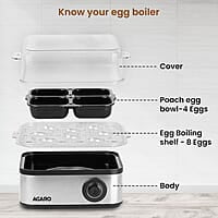 AGARO Grand Egg Boiler and Poacher,2-in1 Boils 8 Eggs, Poach 4 Eggs, Steamed Vegetables, 3 Boiling Modes, Stainless Steel Body, Transparent Lid, 500 Watts, Silver 14 ounces