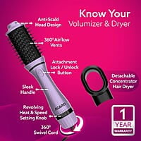 AGARO HV2179 Lite 2 in 1 Hair Volumizer Brush + Hair Dryer for Women, 1200W Motor 360 Degree Air Flow
