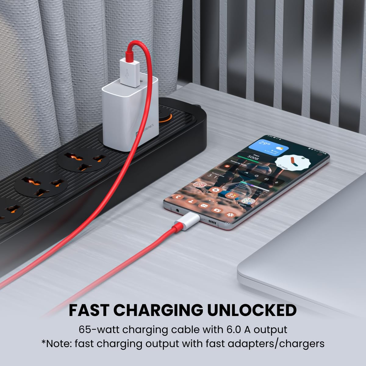 Portronics Konnect Dash Pro – 65W USB-A to Type-C, Red. Fast charging, durable design, compact size, perfect for travel. Compatible with various devices, ensuring efficient power delivery.