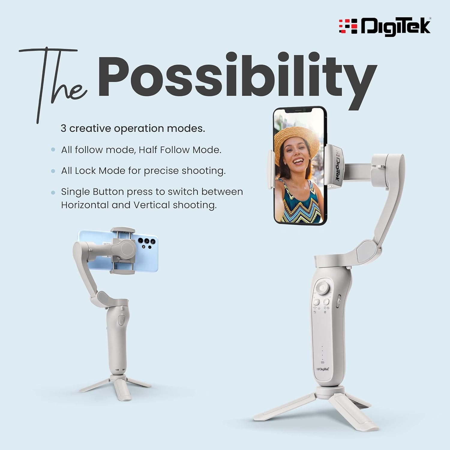 DIGITEK® (DSG-007F) 3-Axis Gray Smartphone Gimbal - Wide Angle Handheld Vlogging Stabilizer